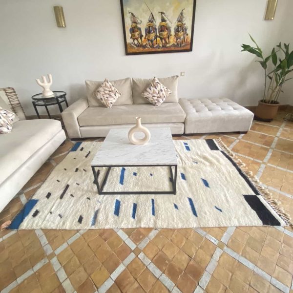 white and blue rug